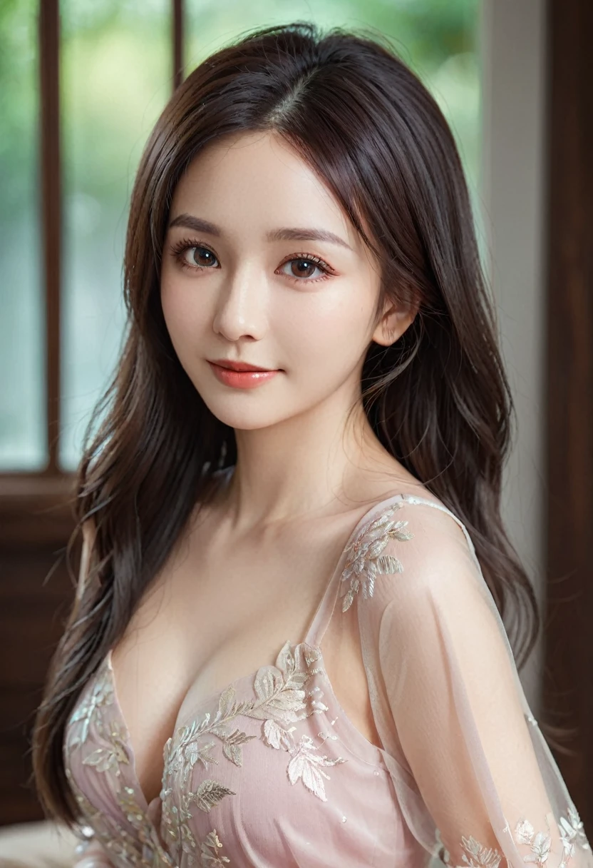  portrait, Elegant adult women, dark 
 eyes, upper eyes, upper eyelashes, beautiful eyes, Long hair, Feminine pose, Sheer dress, see through dress, backless, 8K resolution, High quality CG, fair, , little smile, , shallow depth of field