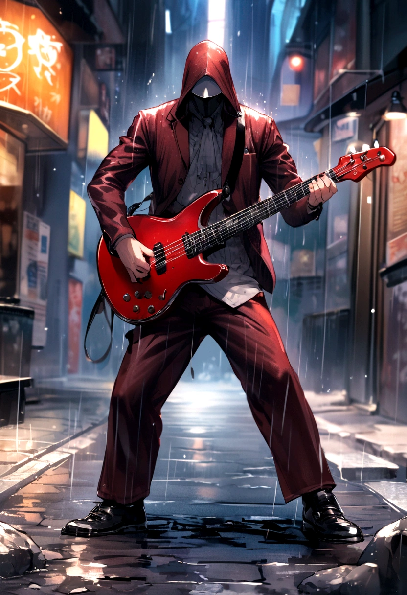 Rock guitarist playing in the rain，Stand on the street，exaggerated poses