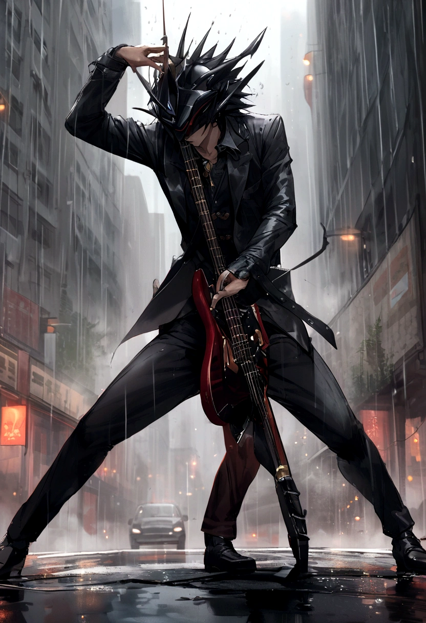 Rock guitarist playing in the rain,Stand on the street,exaggerated poses