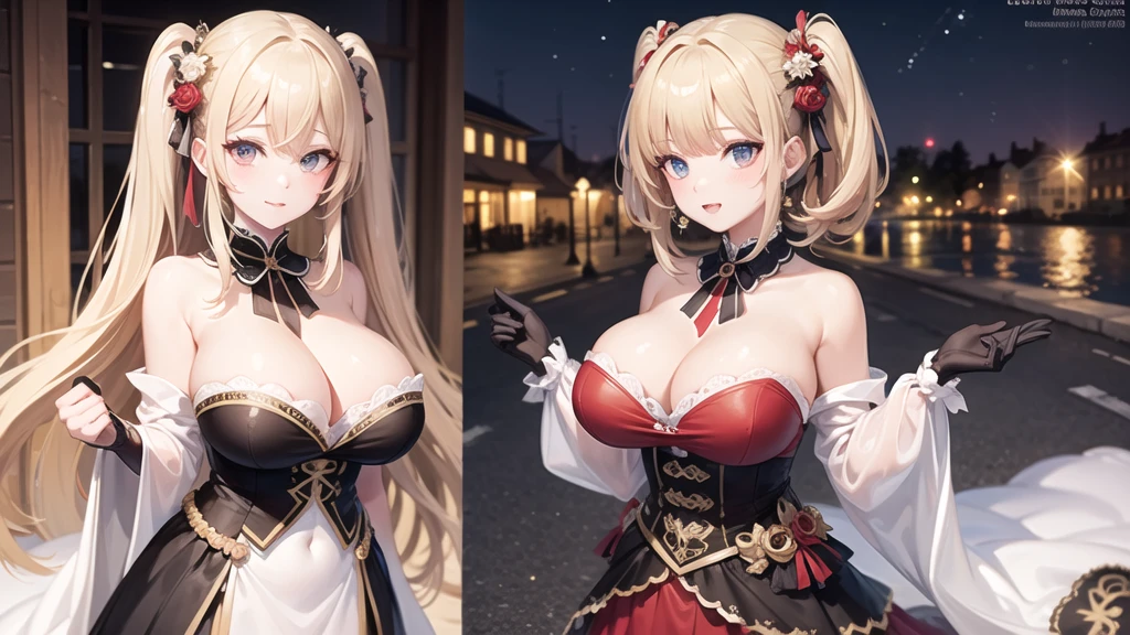 (((masterpiece, best quality))), (((superior quality))), cute girl, ((extremely detailed girl)), ((huge breasts)), (fancy noble dress), strapless top, twin-tail blonde, cleavage