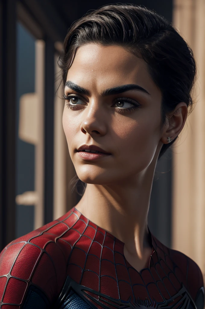 A photograph of Spider-Man., sin mascara, the 20s, Elegante, cara detallada, looking to the camera, retrato, 8k UHD, Alta calidad