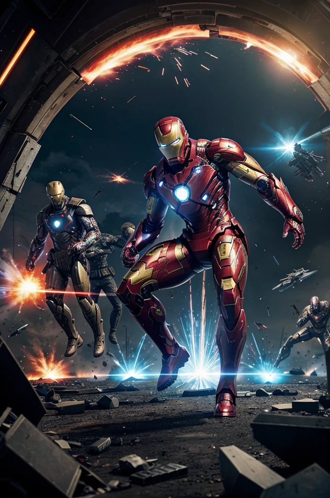 Picture 1: Battlefield Chaos"A chaotic futuristic battlefield with explosions and debris flying. Iron Man is in the center, surrounded by enemies. Holographic interfaces of JARVIS are visible, showing signs of corruption and fragmentation."