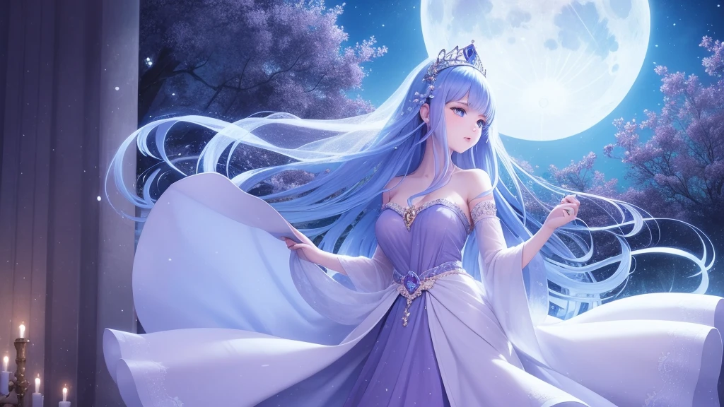 A princess with a delicate and beautiful face, large eyes, and translucent skin is looking up at the moon from a castle, enchantingly dressed in a traditional and glamorous medieval European dress and wearing a large hair ornament. A gentle, warm light surrounds the princess. The background is filled with soft out-of-focus light, and the pale blue and purple tones create a dreamy, serene, and enchanting atmosphere. Fireflies glowing in the moonlit night surround the princess, adding to the magical and ethereal atmosphere. Emphasis on the armpits