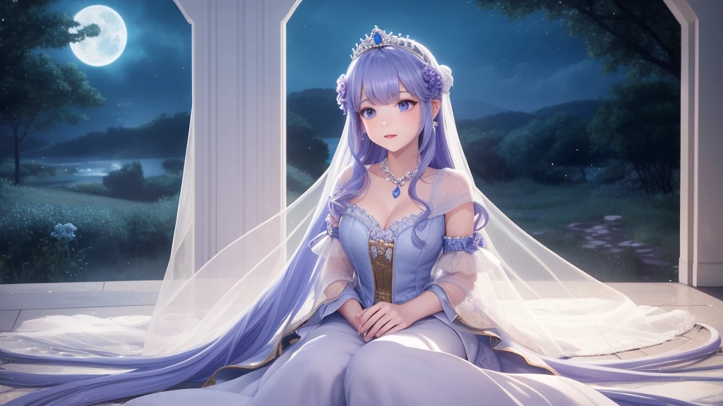 A princess with a delicate and beautiful face, large eyes, and translucent skin is looking up at the moon from a castle, enchantingly dressed in a traditional and glamorous medieval European dress and wearing a large hair ornament. A gentle, warm light surrounds the princess. The background is filled with soft out-of-focus light, and the pale blue and purple tones create a dreamy, serene, and enchanting atmosphere. Fireflies glowing in the moonlit night surround the princess, adding to the magical and ethereal atmosphere. Emphasis on the armpits