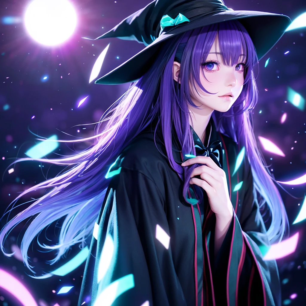 anime girl long purple hair wearing a black Robe. she has pointy ears. Witch Hat. Manga kawaii. iridescent ,An illustration