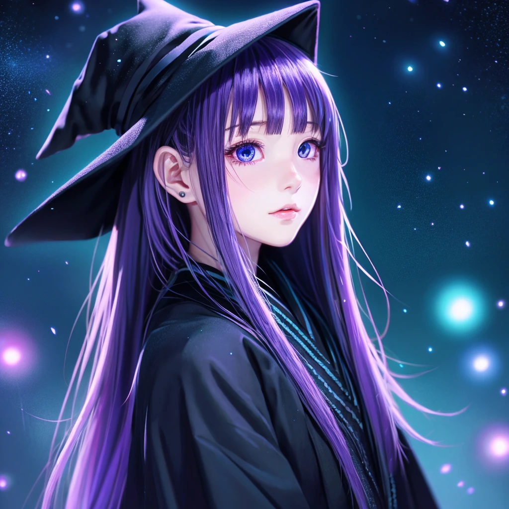 anime girl long purple hair wearing a black Robe. she has pointy ears. Witch Hat. Manga kawaii. iridescent ,An illustration