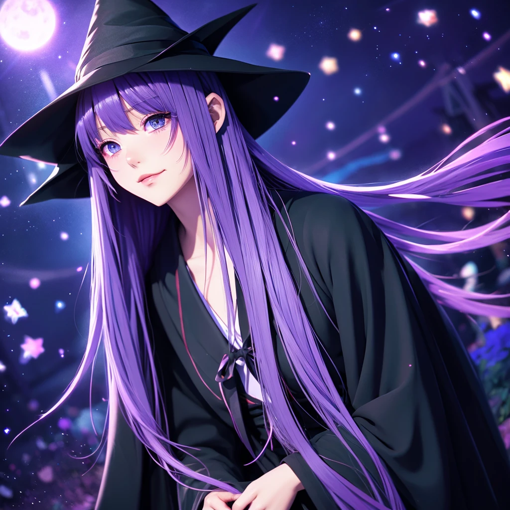 anime girl long purple hair wearing a black Robe. she has pointy ears. Witch Hat. Manga kawaii. iridescent ,An illustration