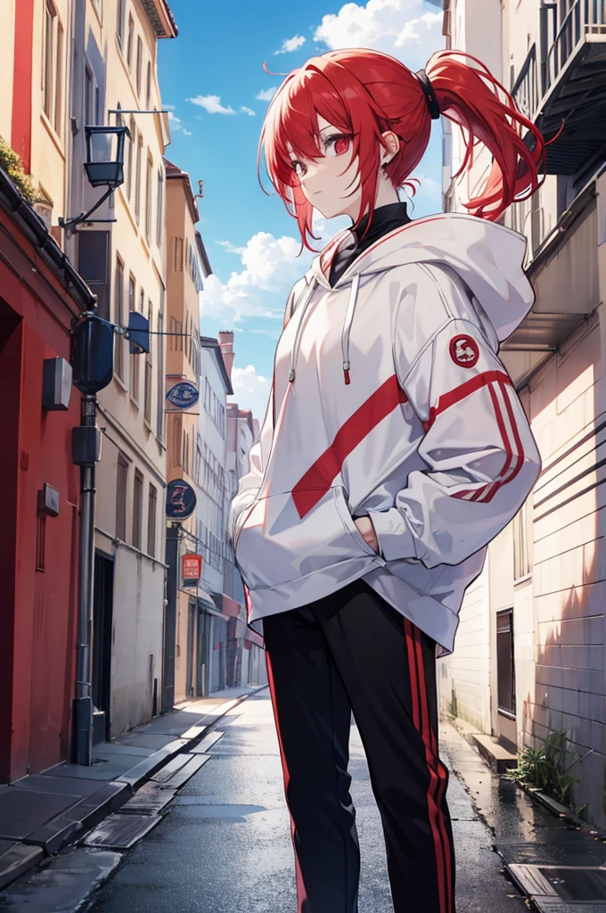 1 person, red hair, ponytail, white hair bridge, red odd eye, White Hoodie, black pants