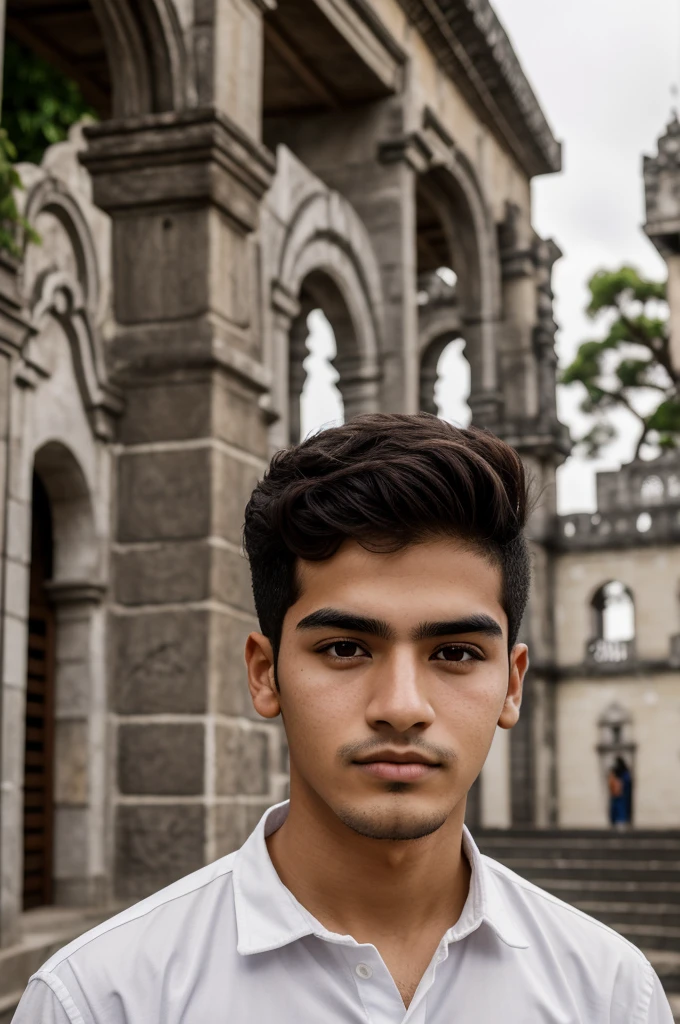 24 year old Mexican man, piel blanca, cara semi cuadrada, small eyes with thin, defined eyebrows and a narrow nose, orejas grandes. Curly dark brown hair, ((parado en el castillo de Chapultepec)) in an urban landscape of Mexico City