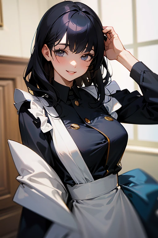 (Highest Resolution, clear_image) highest quality, One woman, alone, masterpiece, Very detailed, Semi-realistic, Black Hairのショートヘア, Black Hair, bangs, 18-year-old, mature, light blue uniform, uniform, Indoor Background, kind, Authoritative, Powerful, exquisite features, exquisite features、Eyelashes become longer、Showing teeth、smile😀、Maid clothes、woman'Fingers in the、Sleeping on the sofa、Long Hair、Fluttering in the wind、Navy blue clothes、Long Hair、I'Carrying the plate、Long Hair、(Shoulder Bare).