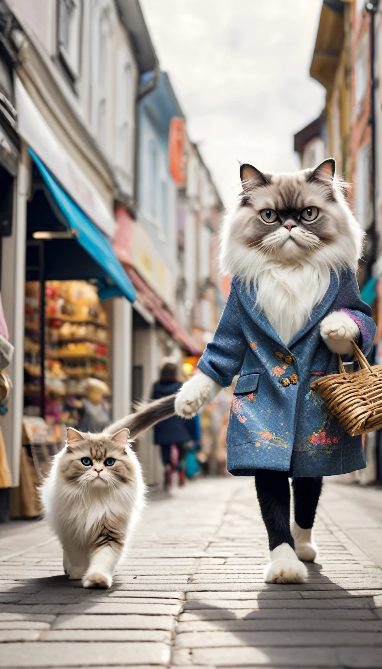 Anthropomorphic cat,Two animal legs,A Persian cat wearing clothes and a Ragdoll cat wearing clothes walking hand in hand on the street,Many shops and passers-by in the background