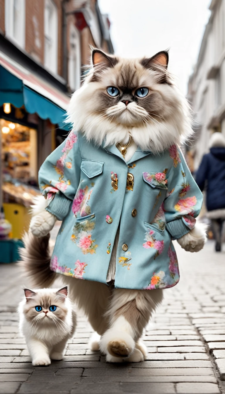 Anthropomorphic cat,Two animal legs,A Persian cat wearing clothes and a Ragdoll cat wearing clothes walking hand in hand on the street,Many shops and passers-by in the background