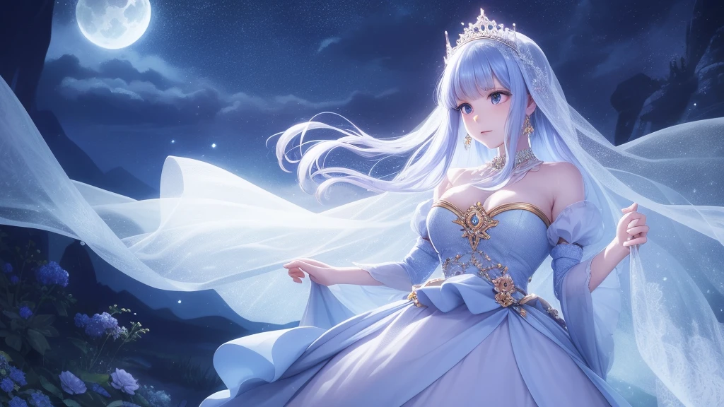 A princess with a delicate and beautiful face, large eyes, and translucent skin is looking up at the moon from a castle, enchantingly dressed in a traditional and glamorous medieval European dress and wearing a large hair ornament. A gentle, warm light surrounds the princess. The background is filled with soft out-of-focus light, and the pale blue and purple tones create a dreamy, serene, and enchanting atmosphere. Fireflies glowing in the moonlit night surround the princess, adding to the magical and ethereal atmosphere. Emphasis on the armpits
