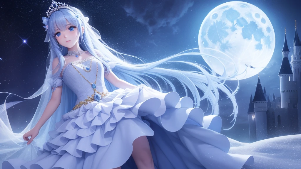 A princess with a delicate and beautiful face, large eyes, and translucent skin is looking up at the moon from a castle, enchantingly dressed in a traditional and glamorous medieval European dress and wearing a large hair ornament. A gentle, warm light surrounds the princess. The background is filled with soft out-of-focus light, and the pale blue and purple tones create a dreamy, serene, and enchanting atmosphere. Fireflies glowing in the moonlit night surround the princess, adding to the magical and ethereal atmosphere. Emphasis on the armpits