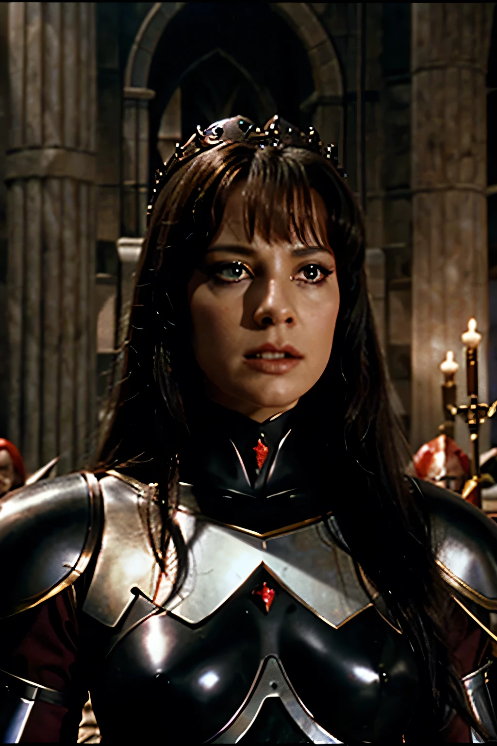 dvd screengrab, from 1982 dark fantasy film, "excalibur", a queen in a black armor and red eys --ar 3:2