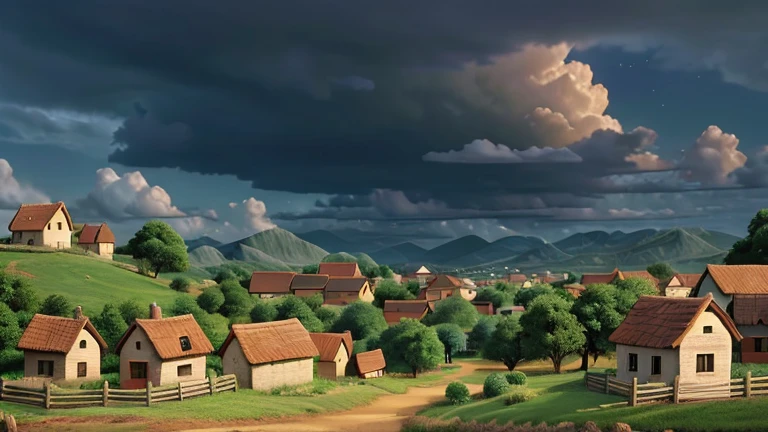 the inhabitants of the small village look at the sky with dark clouds