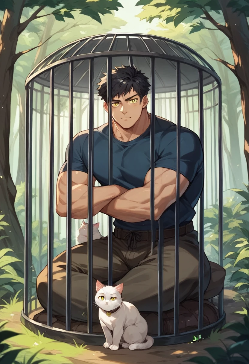 By jijis-waifus,(By pgm300:0.5),Best quality,Masterpiece,forest,cage,He sits,Single,adult,muscular male,male,cat,the cats,short hair,Black hair,Yellow eyes,Which,m without ,clothes ,Have sex