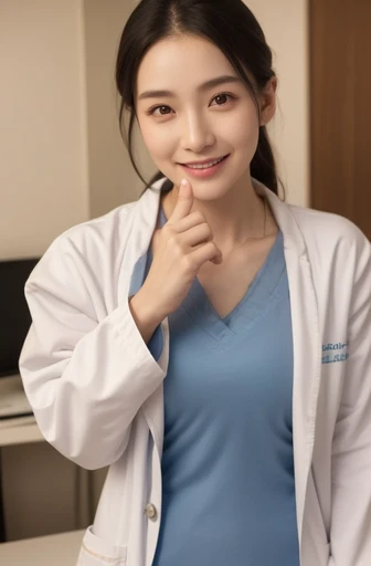 (masterpiece, best quality), 1girl, A beautiful slim Japanese woman, wearing ((white lab coat)), [[light blue nurse outfit]], [stockings], (((fingersmile))), (cowboy shot), extremely detailed face and eyes, detailed facial features, intricate details, realistic, photorealistic, photo-realistic:1.37, best quality, 8k, masterpiece:1.2, ultra-detailed, vivid colors, studio lighting, physically-based rendering, ((perfect face)), hospital room