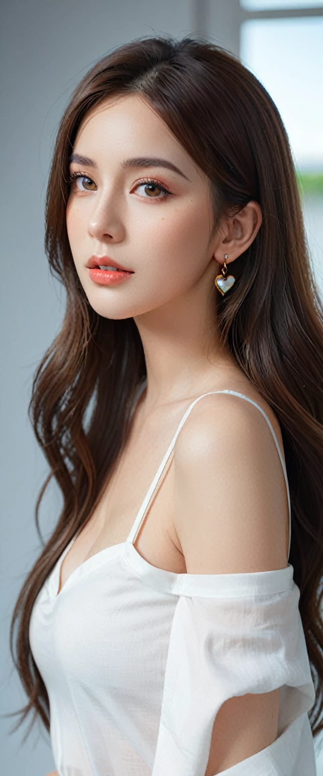 A beautiful woman with long brown hair, pretty eyes, eyes makeup, small earrings, wearing a white cropped shirt, low rise jeans, and a black mask, big Breasts, posing in night town, professional photography studio team, professional fashion model, (super shallow depth of field:1.4), magazine cover photo, (best quality, 8k, highres, masterpiece:1.2), ultra-detailed, (realistic, photorealistic, photo-realistic:1.37), UHD, studio lighting, ultra-fine painting, sharp focus, physically-based rendering, Octane Render, extreme detail description, professional, vivid colors, heart, bokeh, fashion,