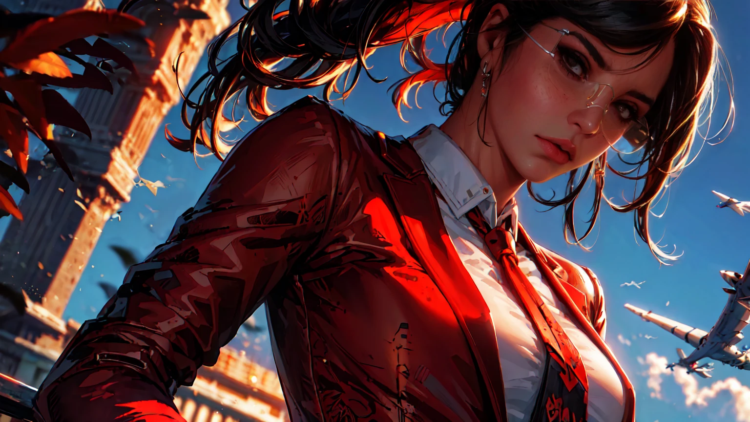 (Masterpiece, Best Quality, Ultra High Resolution)
Fancy woman, with red detailed eyes, in business suit with red tie and white shirt, dark half-rimmed aviator glasses,
The character is half-turned , looking sideways into the distance.