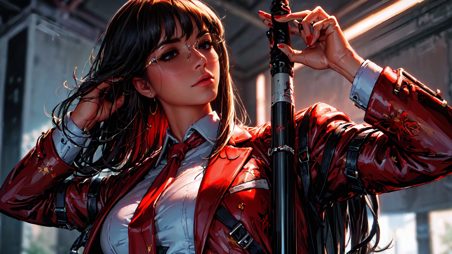 (Masterpiece, Best Quality, Ultra High Resolution)
Fancy woman, with red detailed eyes, in business suit with red tie and white shirt, dark half-rimmed aviator glasses,
The character is half-turned , looking sideways into the distance.