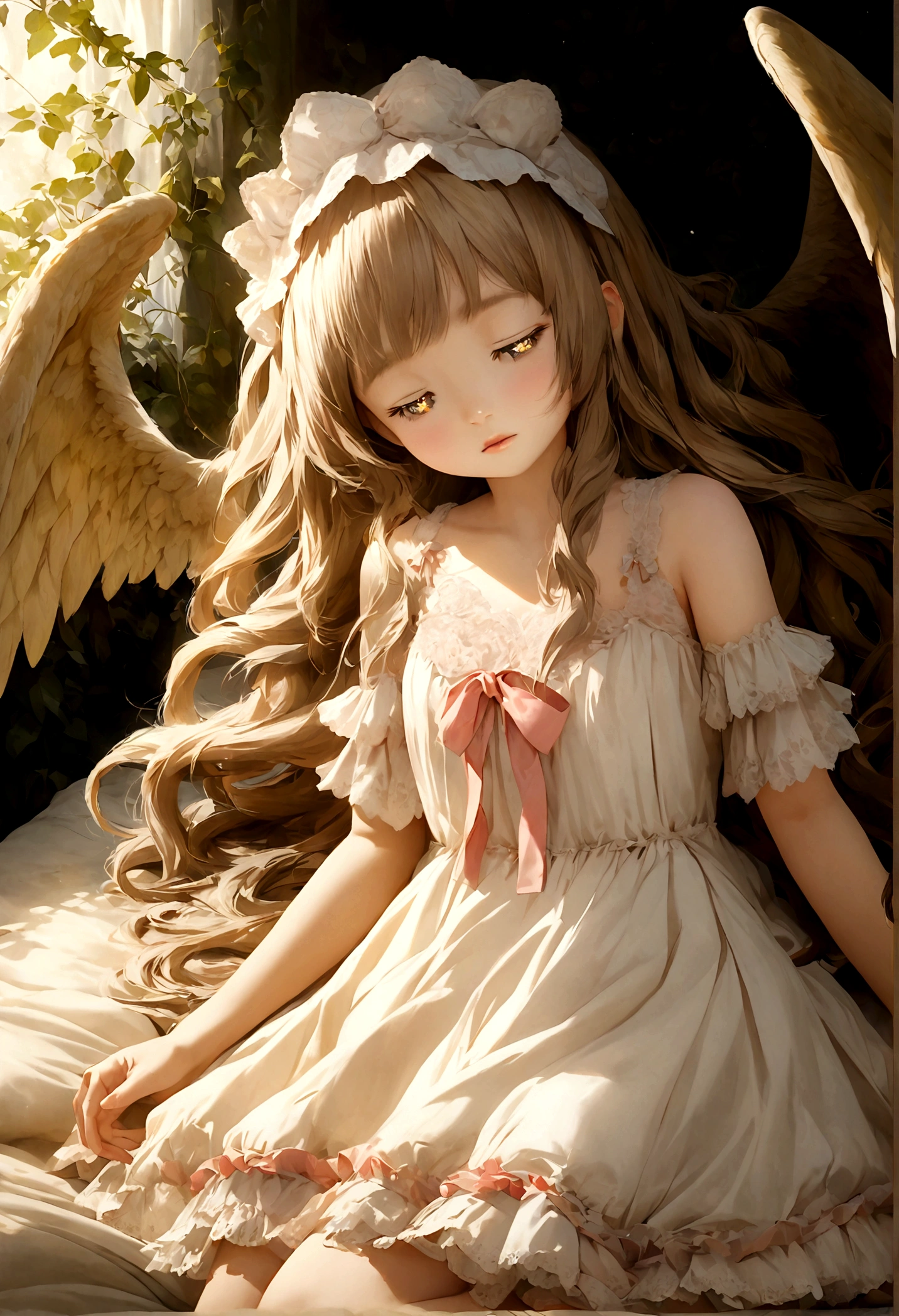 One elegant girls with long hair, detailed eyes with sparkling pupils, in cute Lolita outfits and sleeping peacefully in a bed adorned with goddess-like features, including two pairs of wings and nightwear, depicted with high detail and realistic textures in a high-resolution anime artwork.