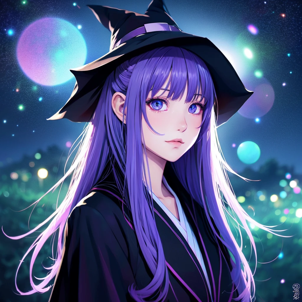 anime girl long purple hair wearing a black Robe. she has pointy ears. Witch Hat. Manga kawaii. iridescent ,An illustration