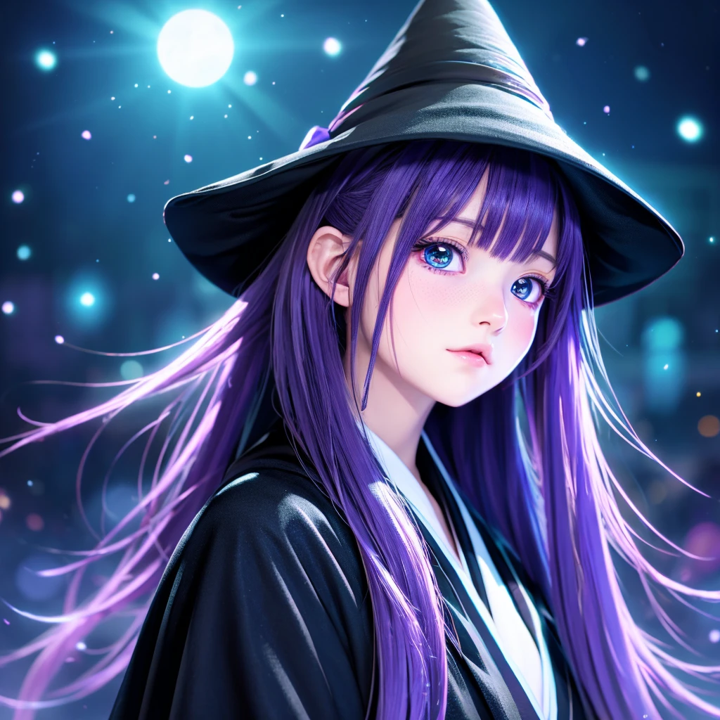 anime girl long purple hair wearing a black Robe. she has pointy ears. Witch Hat. Manga kawaii. iridescent ,An illustration