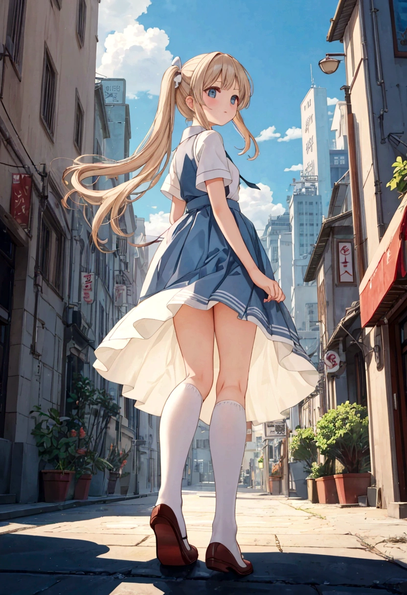 Long skirt for uniform、The color is dark blue、
From under the pleated skirt of the uniform, Dutch Angle, Under the skirt,
、Skirts that flip in strong winds、Trailing behind、White cotton panties are visible
