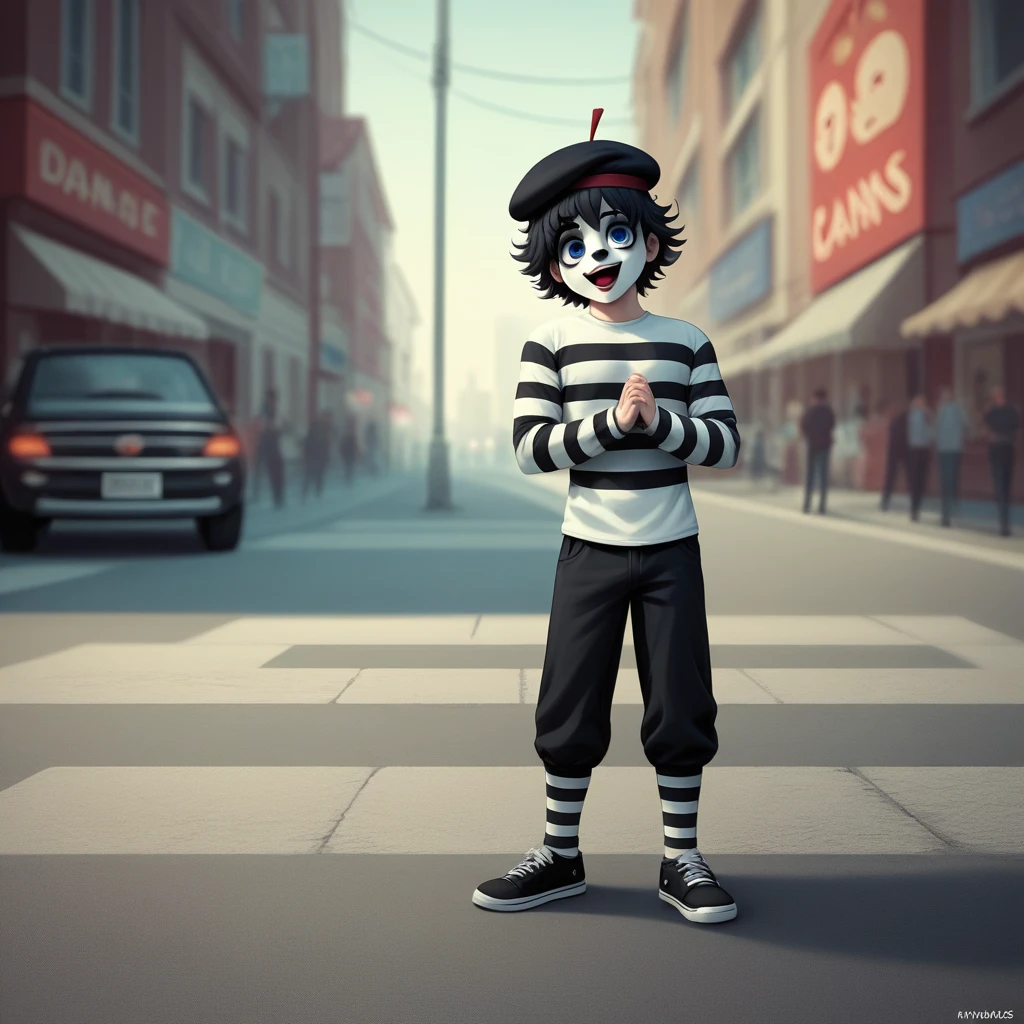 adult tall male mime, shirt grunge, sketchy lines, messy hair, black hair, wearing a beret, score_8_up, score_9_up,happy, has mime makeup on, wearing a mime outfit, dark blue eyes, performing on the streets of paris, showing full body, on a city street, solo, alone, (SOLO)(ALONE) Dancing, arms out, hands open