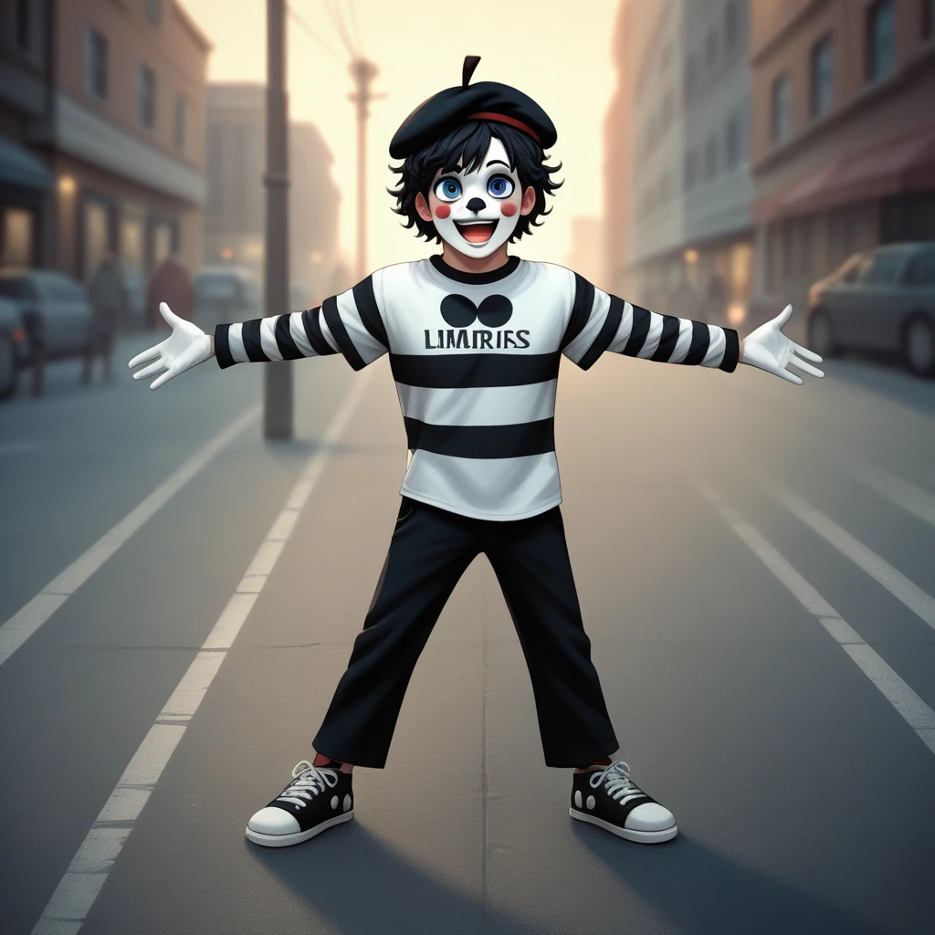 adult tall male mime, shirt grunge, sketchy lines, messy hair, black hair, wearing a beret, score_8_up, score_9_up,happy, has mime makeup on, wearing a mime outfit, dark blue eyes, performing on the streets of paris, showing full body, on a city street, solo, alone, (SOLO)(ALONE) Dancing, arms out, hands open