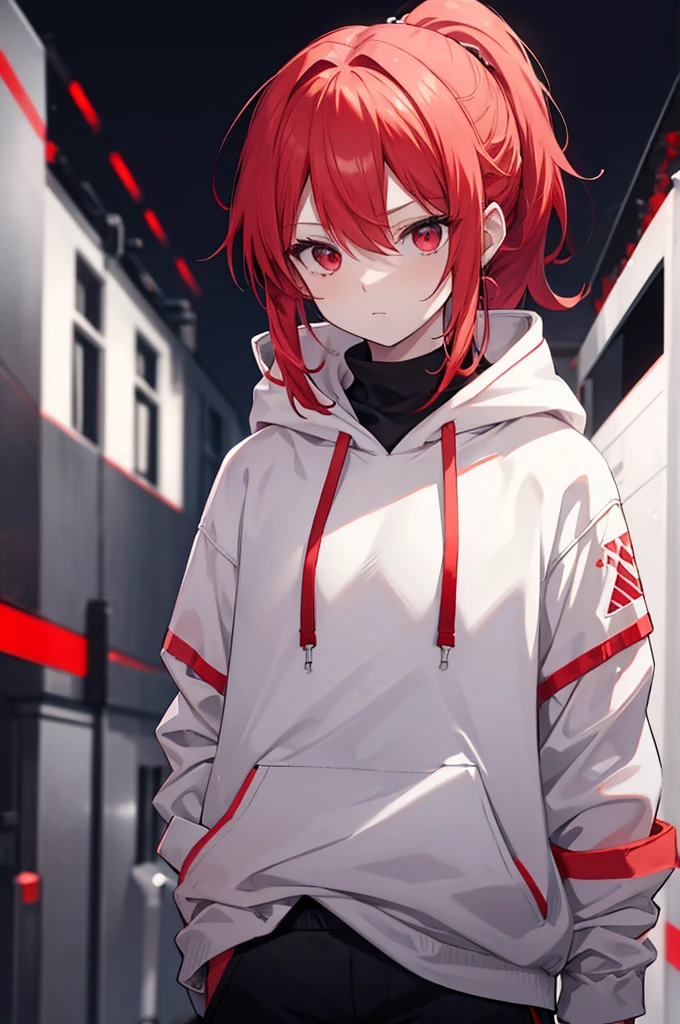 1 person, Red Hair, ponytail, white hair bridge, red odd eye, white hoodie, black pants, Monochrome background,