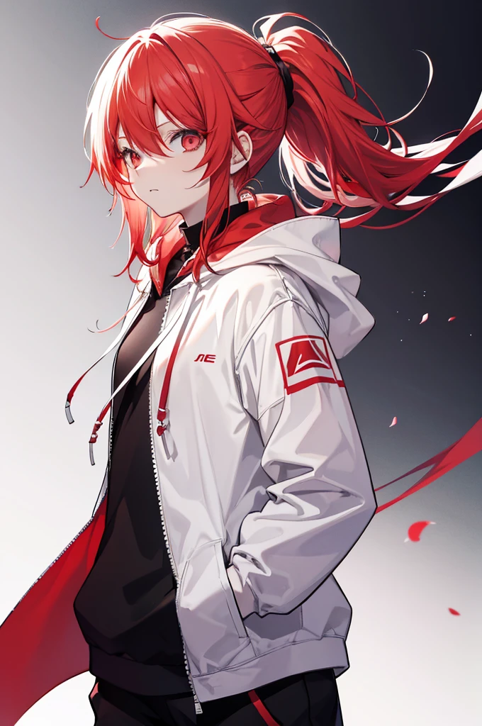 1 person, Red Hair, ponytail, white hair bridge, red odd eye, white hoodie, black pants, Monochrome background,