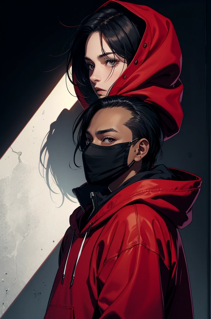 A man, wearing mask, red hoodie, Levi Ackerman hairstyle, black hair, high quality masterpiece, black background, big body