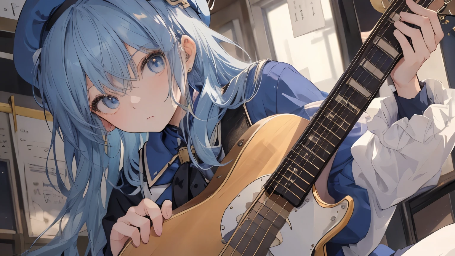 highest quality、masterpiece、anime girl、Brass band club、((guitar))、serious face、Upper body、blue hair、beret
