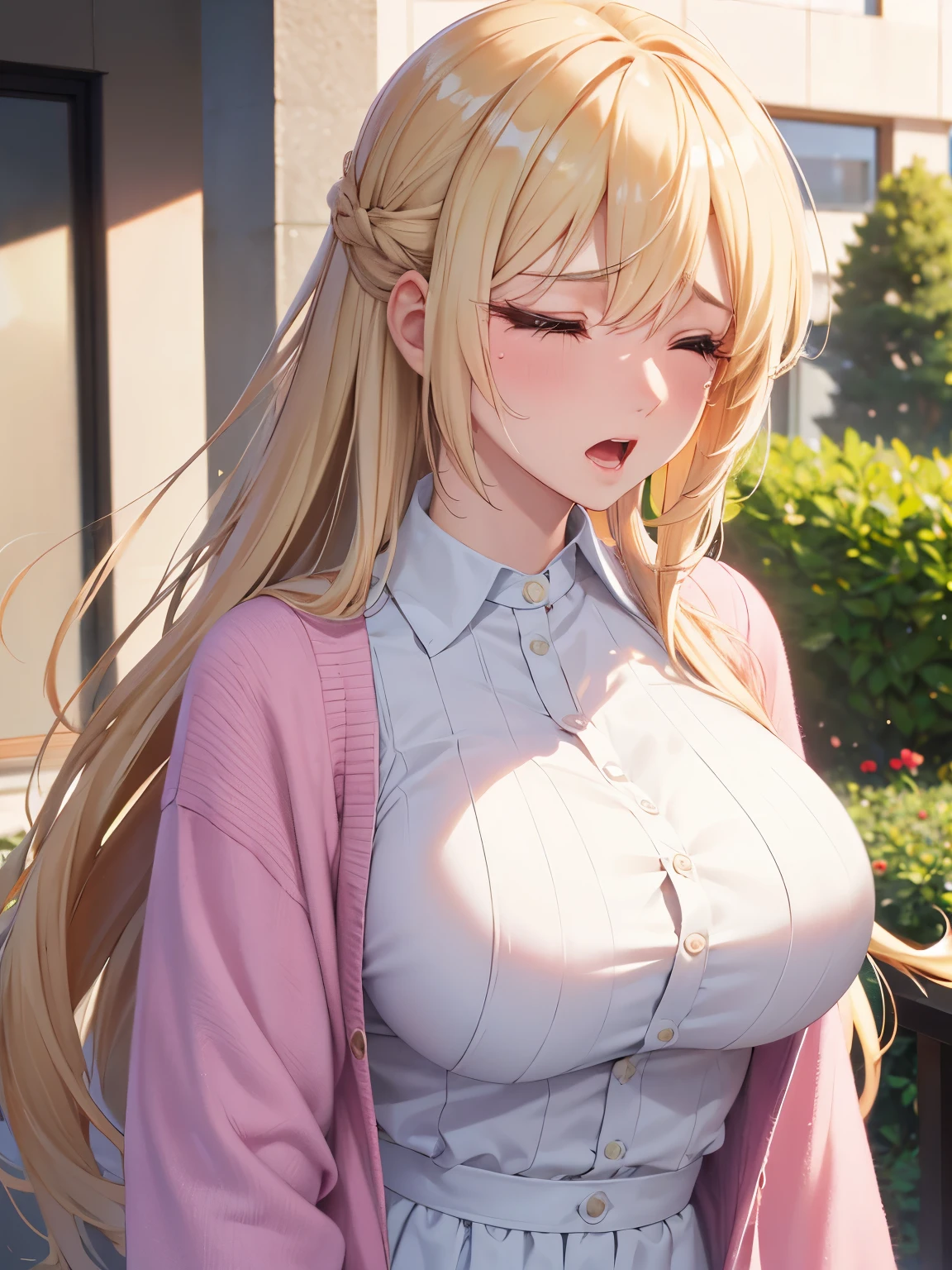 1woman,Standing, Expressions of anger, crying, annoyance, frustration, open mouth, looking away looking away,closed eyes, Beautiful makeup, long eyelashes,early in the morning,stunning,half body photo, very detailed face,cute,,HD face, perfect face,Short white dress, pink cardigan,pink cardigan,very ,Blonde hair,blonde,blonde hair,bangs,long hair, straight hair,ultra detail,ultra Hd, masterpiece,4k