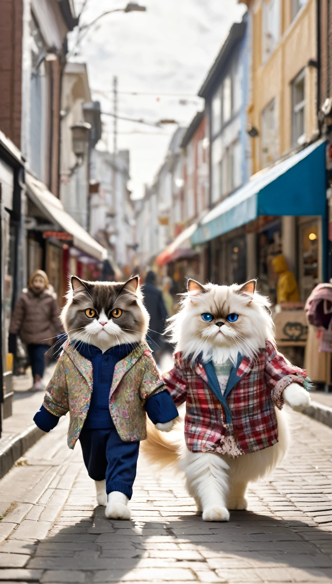 Anthropomorphic cat,Two animal legs,A Persian cat wearing clothes and a Ragdoll cat wearing clothes walking hand in hand on the street,Many shops and passers-by in the background