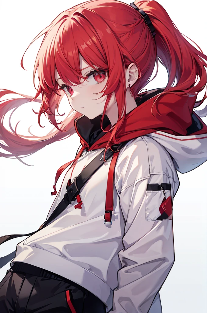 1 person, Red Hair, ponytail, white hair bridge, red odd eye, white hoodie, black pants, white background,