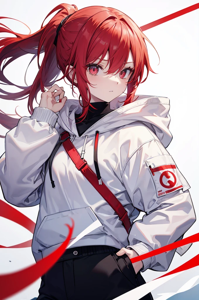 1 person, Red Hair, ponytail, white hair bridge, red odd eye, white hoodie, black pants, white background,