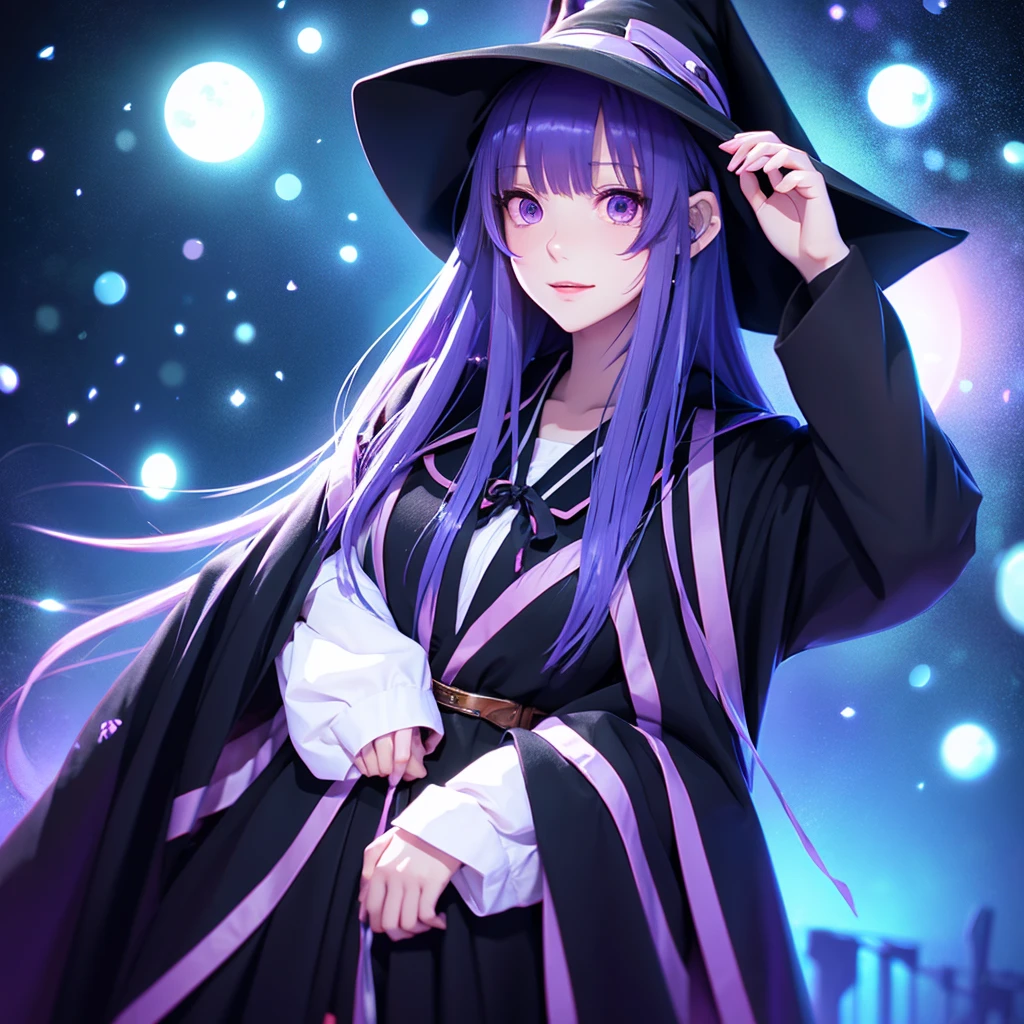 anime girl long purple hair wearing a black Robe. she has pointy ears. Witch Hat. Manga kawaii. iridescent ,An illustration