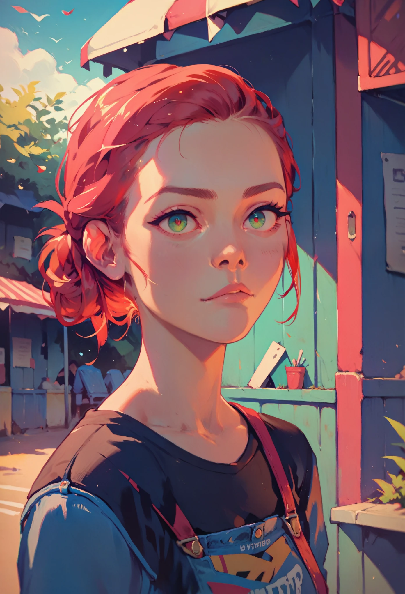 ((red hair)), green eyes, half bun hair, bust, ((curious look)), ((masterpiece)), ((detailed)), ((black shirt)), ((blue jeans)), ((best quality)), ((outside)), small breasts, ((bright)), (pretty eyes), looking at viewer
