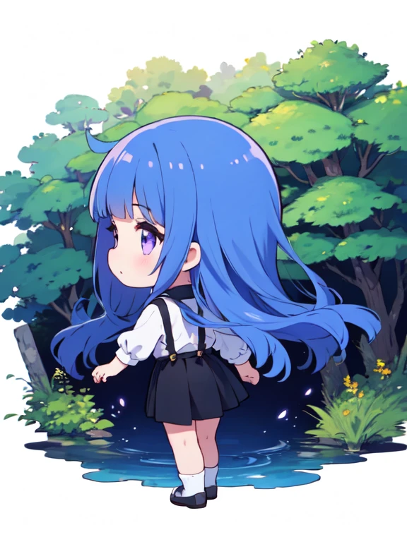 (((Back view))),One girl, (furude rika), chibi, , blue hair, purple eyes, long hair, blunt bangs, bangs, white shirt, suspenders, black skirt, 自然の中でBack viewを描いてください。Forest or lakeside、Mountain tops etc.、Place the figures in a situation that blends in with nature.。