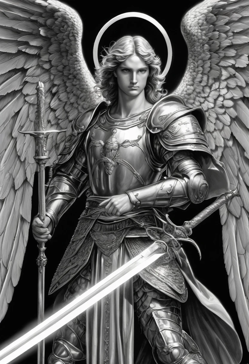 a black and white drawing of an angel with a sword, san miguel el angel, Archangel michael, Archangel, Mark Brooks detallado, arte oscuro muy detallado, by Roman Bezpalkiv, por Arthur Pan, por Eugeniusz Zak, angel with plastic armor, Por Shen Quan, por Nikola Avramov, by Gabrijel Jurkić