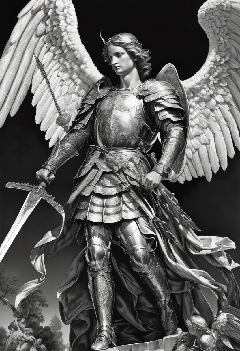 a black and white drawing of an angel with a sword, san miguel el angel, Archangel michael, Archangel, Mark Brooks detallado, arte oscuro muy detallado, by Roman Bezpalkiv, por Arthur Pan, por Eugeniusz Zak, angel with plastic armor, Por Shen Quan, por Nikola Avramov, by Gabrijel Jurkić