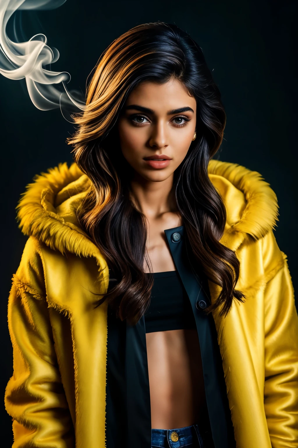 (Best quality, realistic: 1), Indian Instagram model, yellow furry and silky jacket, Detailed eyes and lips, Bold expression, refined, light background, Smoke effect, professional, sharp focus, volumetric light, rim light, key light, light background