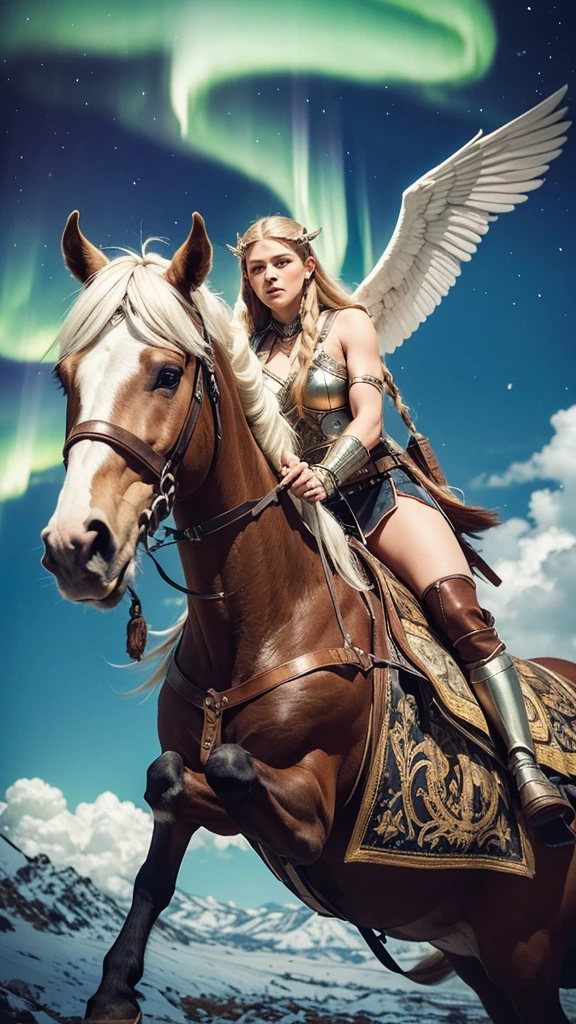 Pegasus mounted VIKING,
 FLYING HIGH IN the SKY portrait of a fit teenaged model as Valkyrie, winged/horse Pegasus, flying above over ruins of a smoldering Viking battlefield, blond braids fling wildly, carrying a long pointed oak spear, looking down from above she swoops in from out of clouds, 
 wearing shining ornate Viking runes shield and armor, up above a majestic northern lights shimmering, Scandinavian woodland backdrop, detailed, candid moment, vintage Polaroid camera, photorealistic