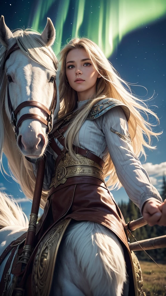 Pegasus mounted VIKING,
FLYING HIGH IN the SKY portrait of a fit aged model as Valkyrie, winged/horse Pegasus, flying above over ruins of a smoldering Viking battlefield, blond braids fling wildly, carrying a long pointed oak spear, looking down from above she swoops in from out of clouds,
wearing shining ornate Viking runes shield and armor, up above a majestic northern lights shimmering, Scandinavian woodland backdrop, detailed, candid moment, vintage Polaroid camera, photorealistic