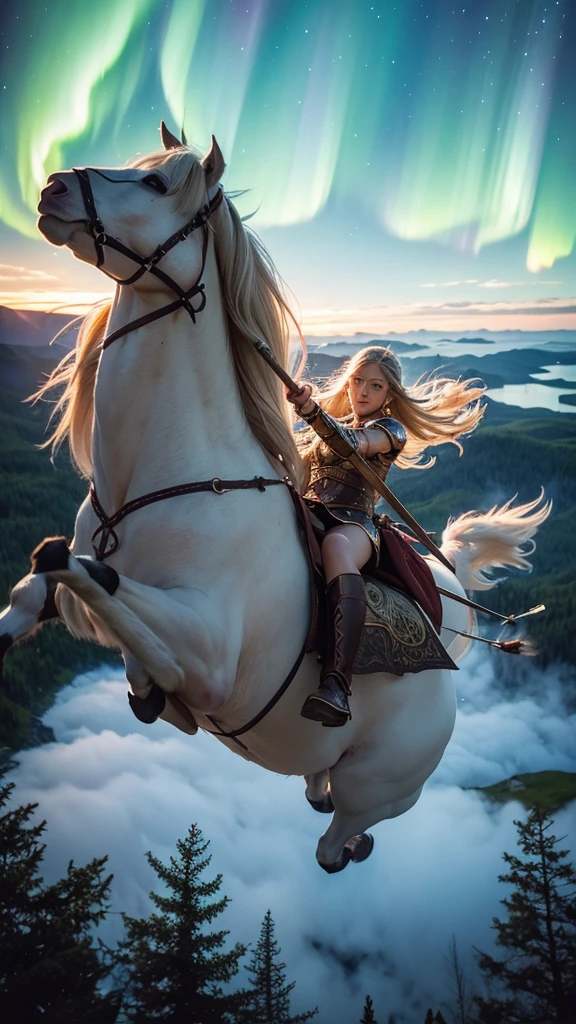 Pegasus mounted VIKING,
FLYING HIGH IN the SKY portrait of a fit aged model as Valkyrie, winged/horse Pegasus, flying above over ruins of a smoldering Viking battlefield, blond braids fling wildly, carrying a long pointed oak spear, looking down from above she swoops in from out of clouds,
wearing shining ornate Viking runes shield and armor, up above a majestic northern lights shimmering, Scandinavian woodland backdrop, detailed, candid moment, vintage Polaroid camera, photorealistic