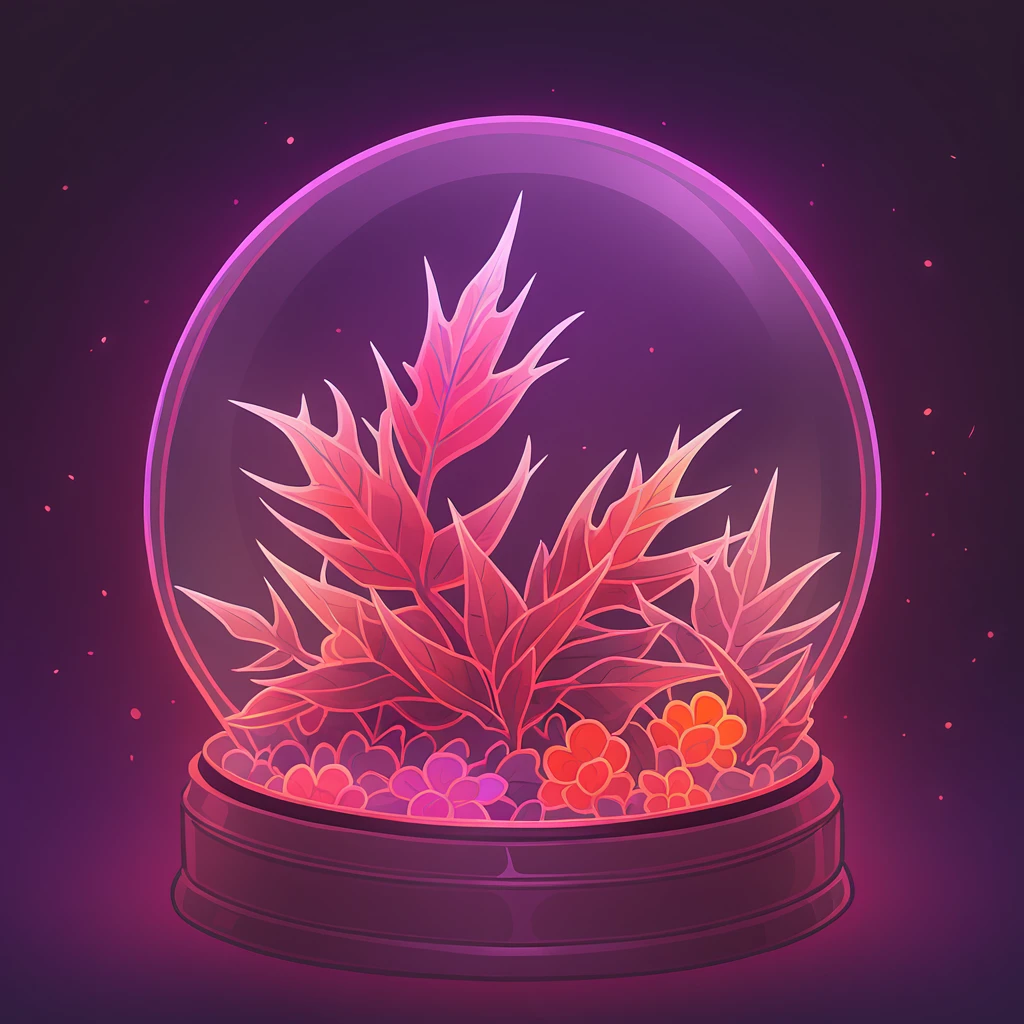 Vampire Thorn with red red-brown light-purple vivid-orange and brown-pink color palette with background in terrarium art style