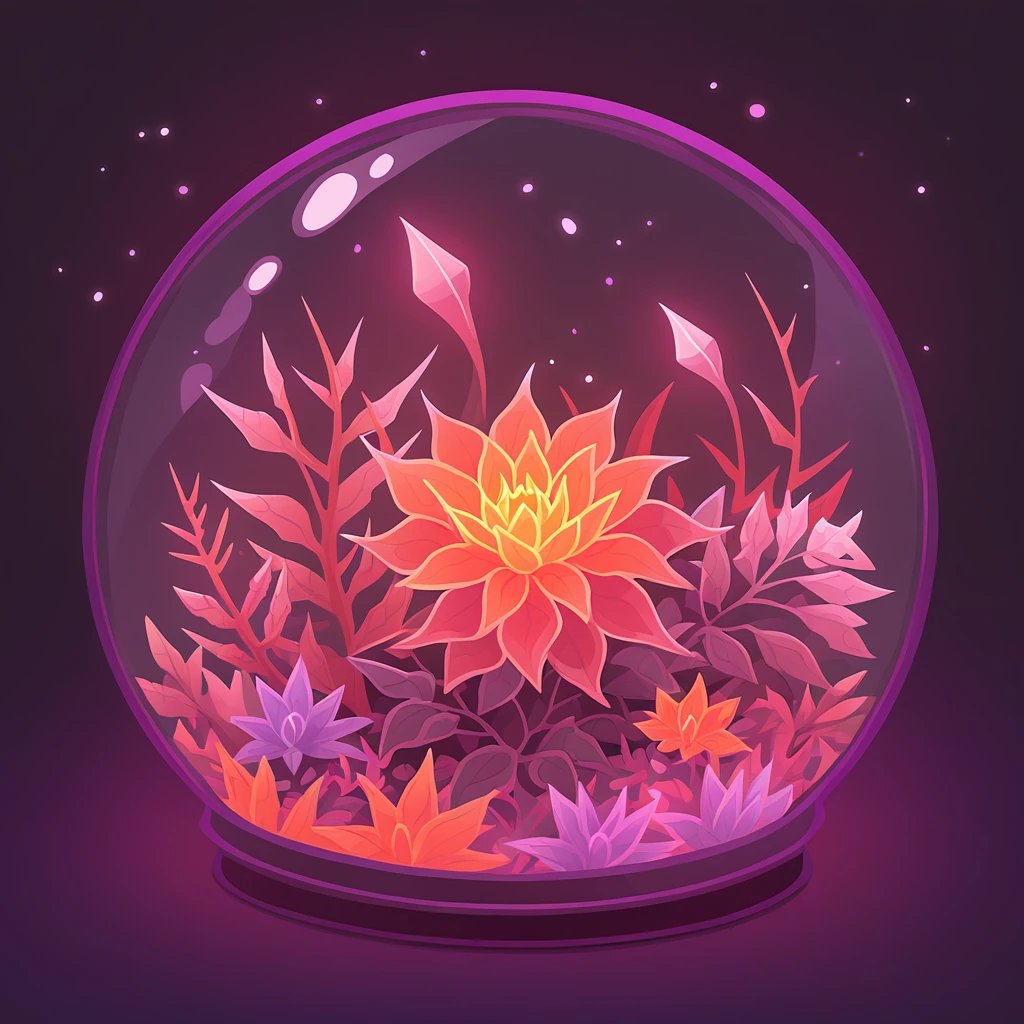 Vampire Thorn with red red-brown light-purple vivid-orange and brown-pink color palette with background in terrarium art style